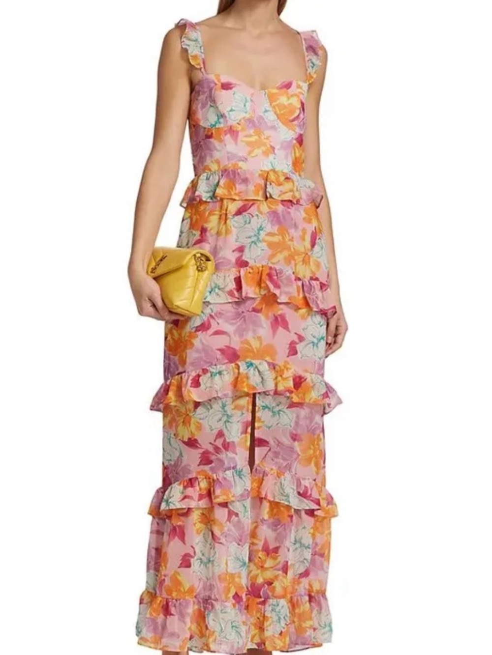 Wayf Pink Floral Ruffled Maxi Dress with front slit